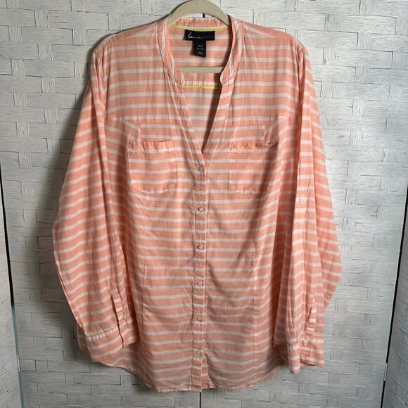 Lane Bryant 100% cotton blouse striped V-neck button down bohemian plus size - Picture 1 of 9